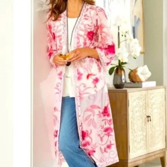 Soft Surroundings NWTs Palisade Topper Open Kimono Magenta Soft Pink Embroidered